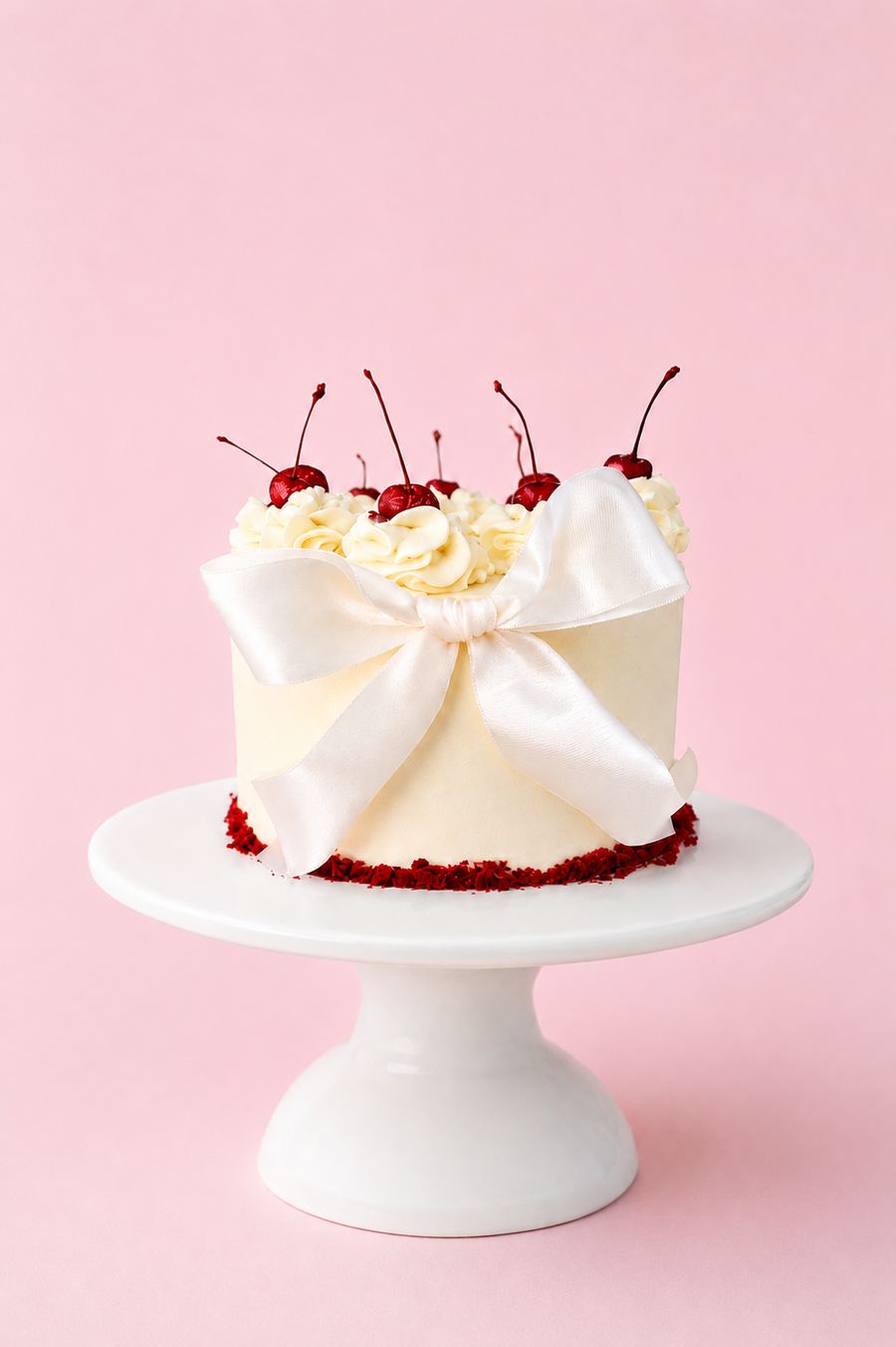 Pastel red velvet, relleno y forrado de betún de queso crema con ganache de chocolate.
