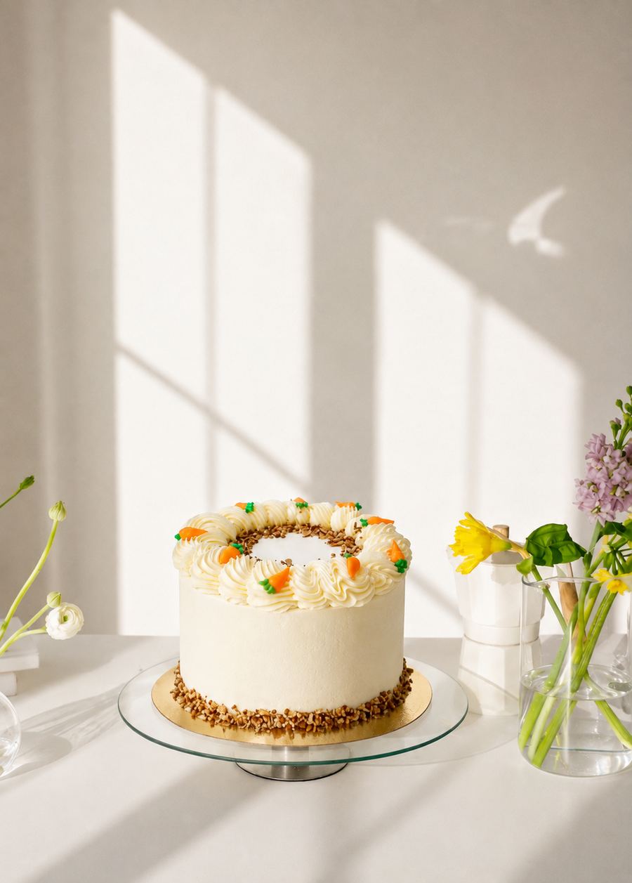 Pastel de zanahoria, relleno y forrado con betún de queso crema.
