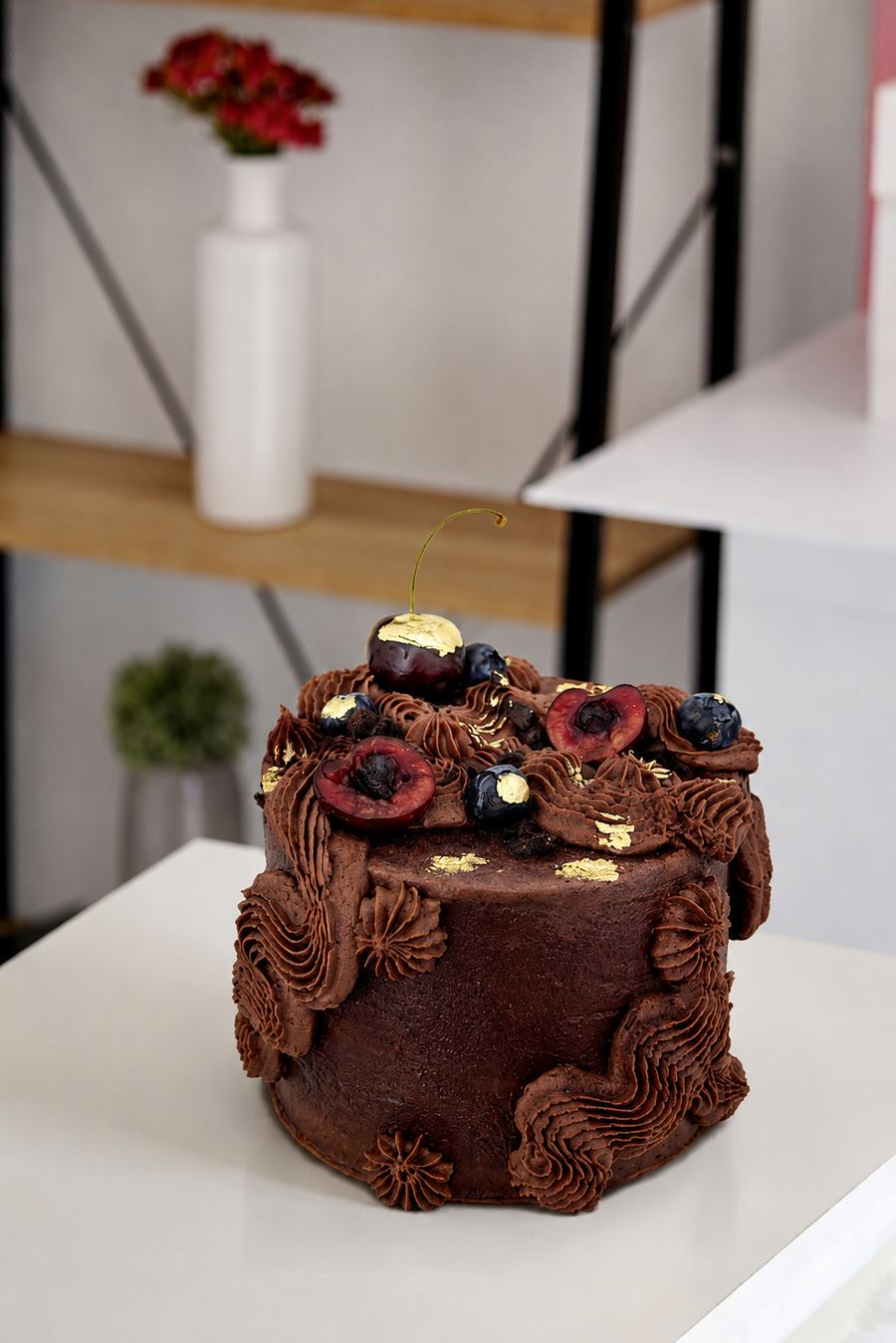 Pastel de chocolate, relleno de ganache de chocolate.