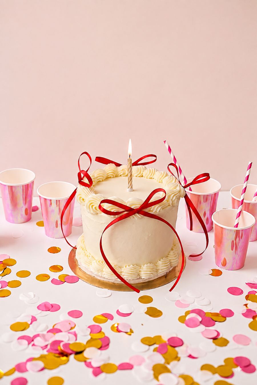 Pastel red velvet con listones rojos en mesa de fiesta con confeti