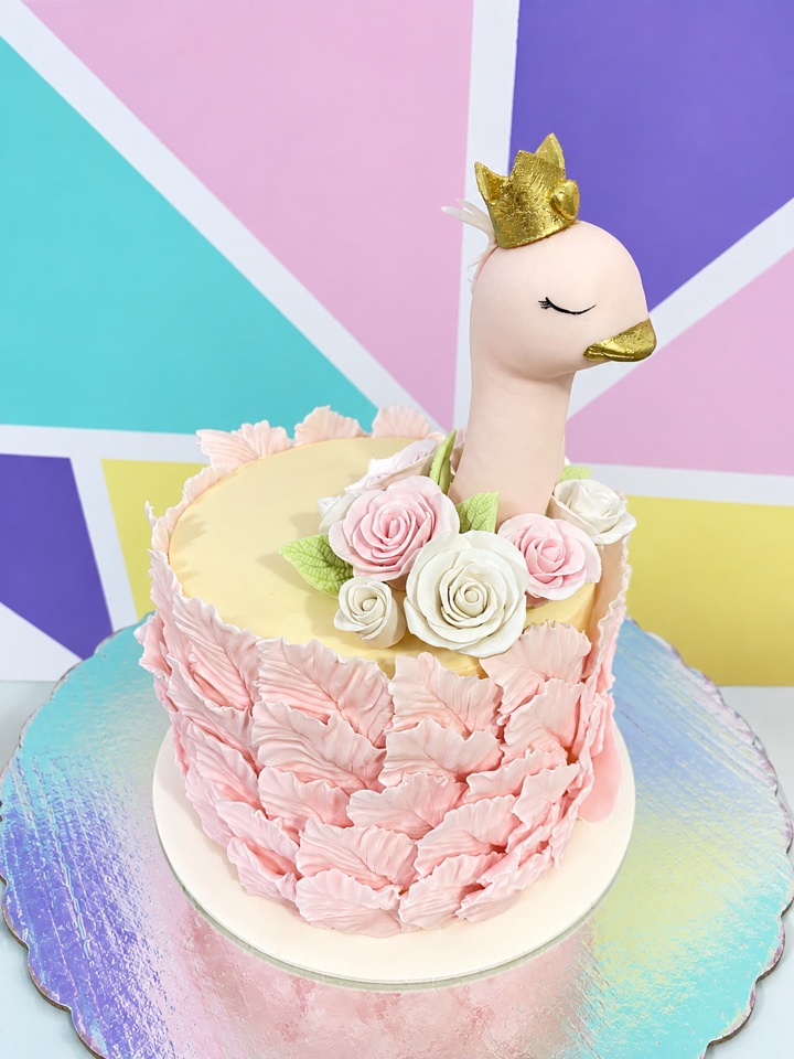 Pastel de baby shower rosa con plumas y un cisne con corona dorada