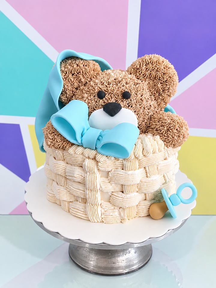 Pastel de baby shower en forma de canasta con osito, moño azul y chupón