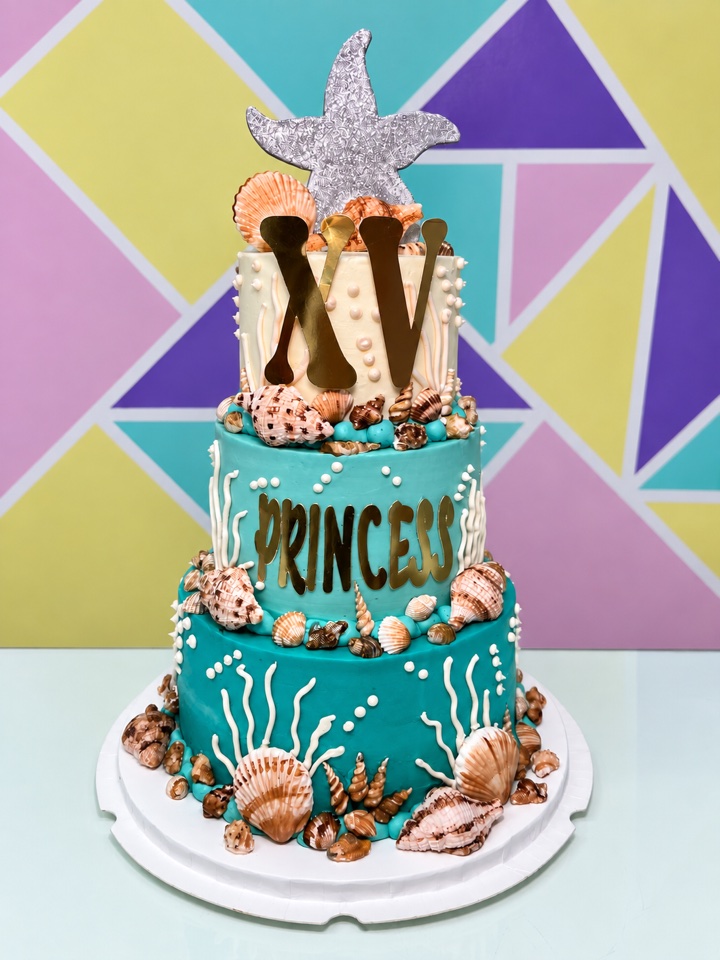 Pastel de XV años de tres pisos en turquesa con conchas de mar y letras doradas XV Princess
