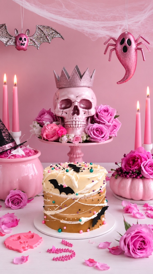 Pastel de café decorado de Halloween con calavera, corona y rosas rosas, 10–15 personas