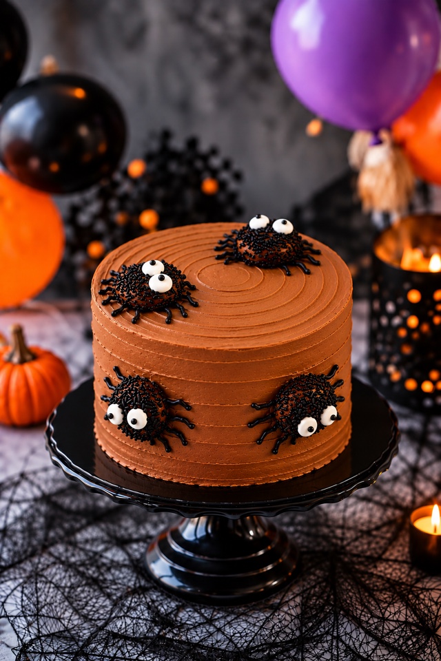 Pastel de chocolate decorado de Halloween con arañitas de sprinkles, 5–8 personas