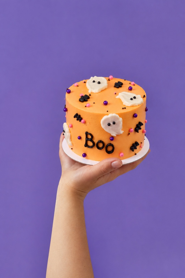Pastel de naranja decorado de Halloween con fantasmas, murciélagos y BOO, 5–8 personas