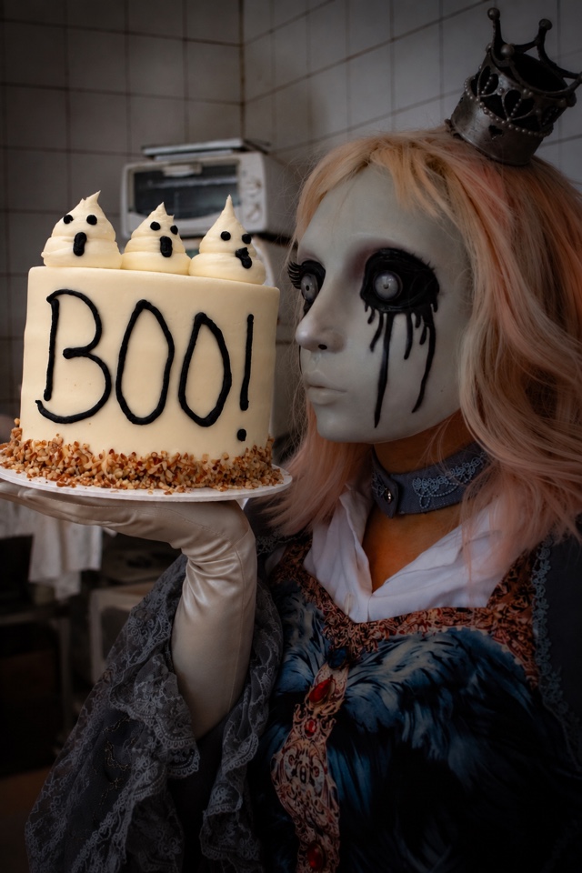 Pastel de nuez decorado de Halloween con fantasmitas de betún y BOO, 10–15 personas