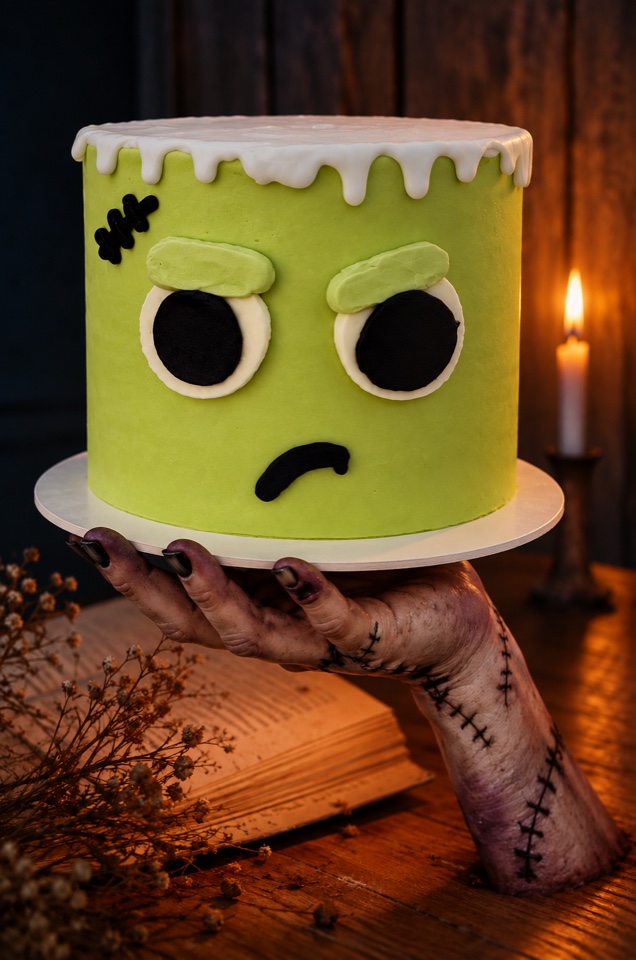 Pastel de vainilla chispas de chocolate decorado de Halloween tipo Frankenstein, 10–15 personas