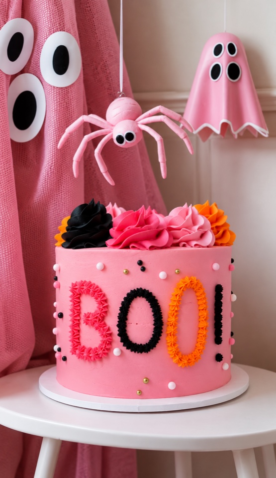Pastel de vainilla chispas de colores decorado de Halloween rosa con araña y BOO, 10–15 personas