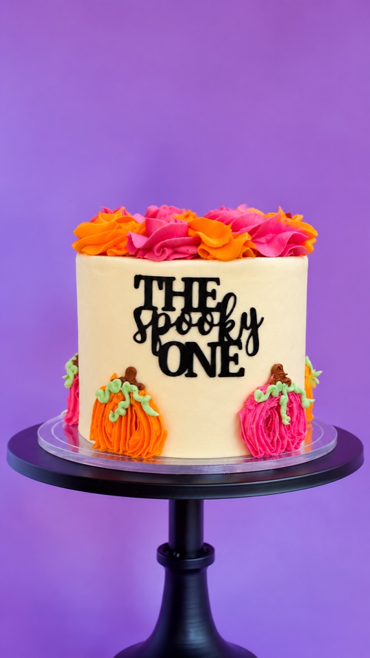 Pastel de zanahoria decorado de Halloween con calabazas de betún y letrero The Spooky One, 10–15 personas