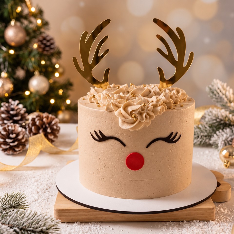 Pastel de café navideño decorado como reno, con cuernos dorados y nariz roja, relleno de ganache de chocolate y betún de café.