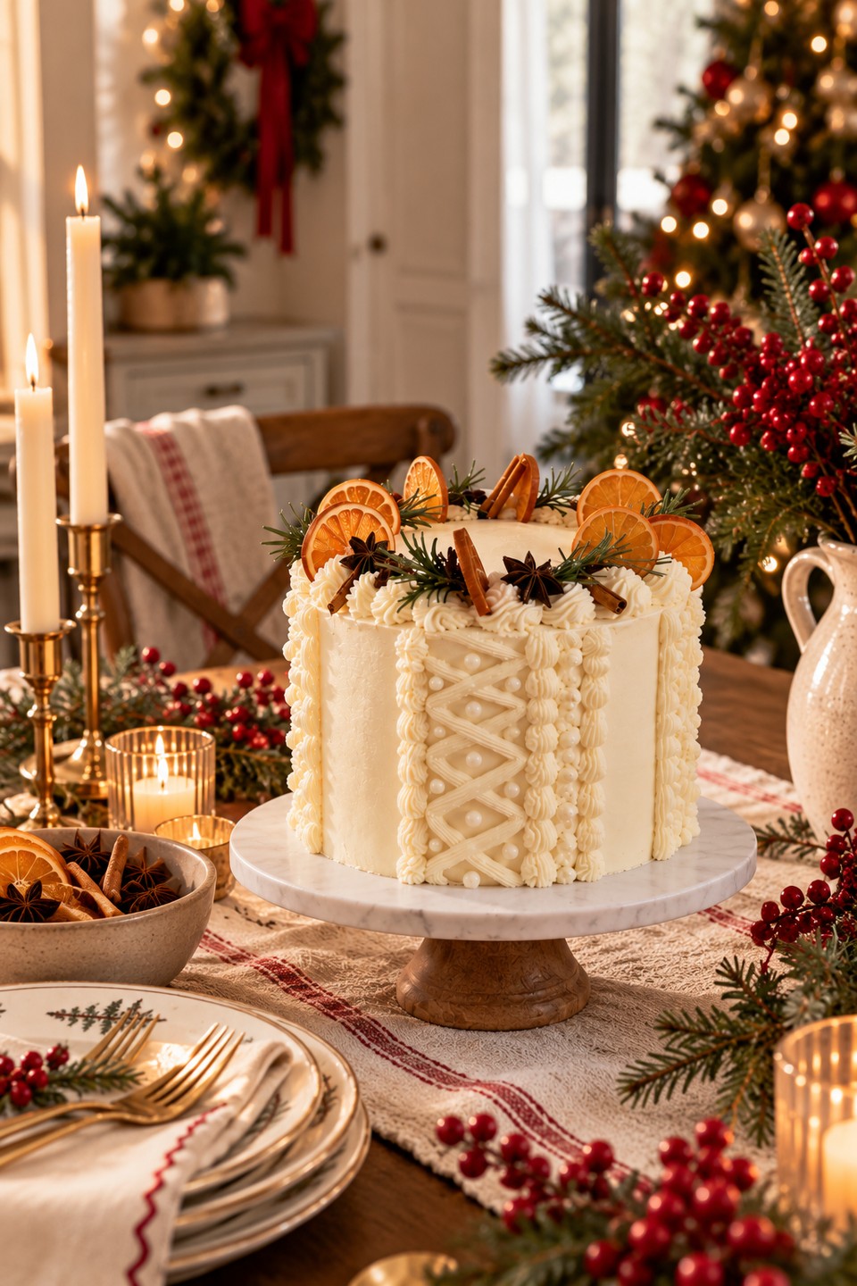 Pastel de naranja navideño, forrado de betún blanco con rodajas de naranja deshidratada, canela y anís estrella.
