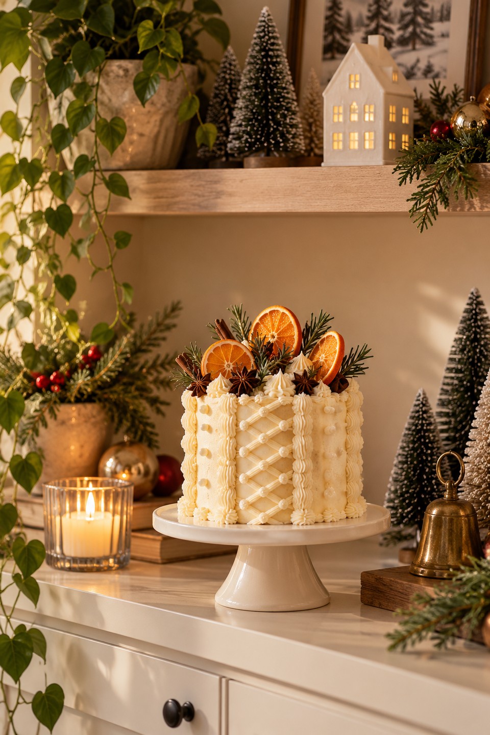 Pastel de naranja navideño, forrado de betún blanco con rodajas de naranja deshidratada, canela y anís estrella.