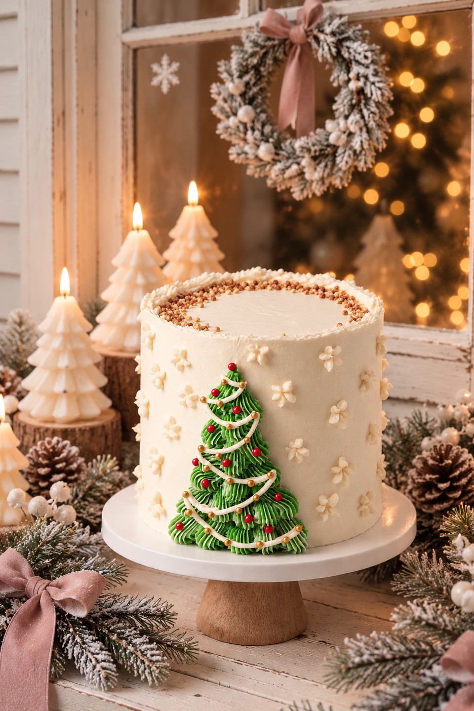 Pastel de nuez navideño, forrado de betún blanco con un arbolito de Navidad, relleno de dulce de leche.