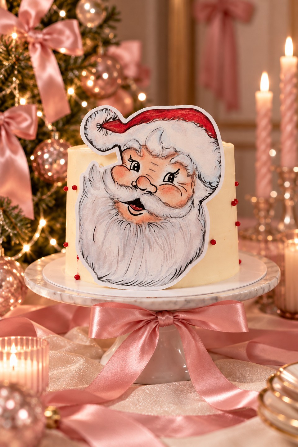 Pastel Red Velvet navideño con ilustración de Santa Claus, forrado de betún de queso crema.