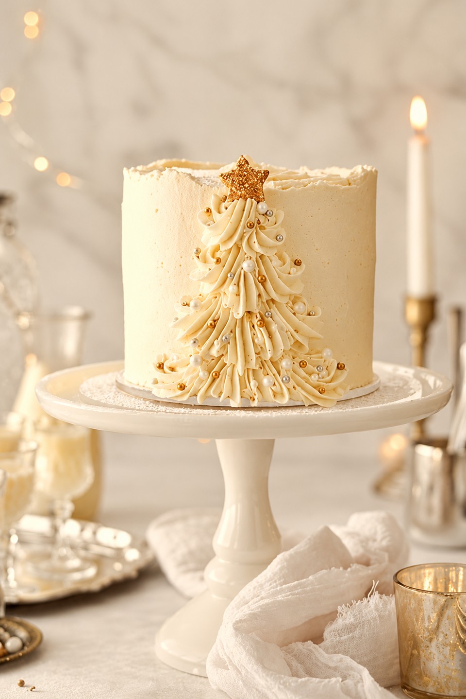 Pastel de vainilla navideño, forrado de betún crema con un arbolito de Navidad y estrella dorada, relleno de dulce de leche.