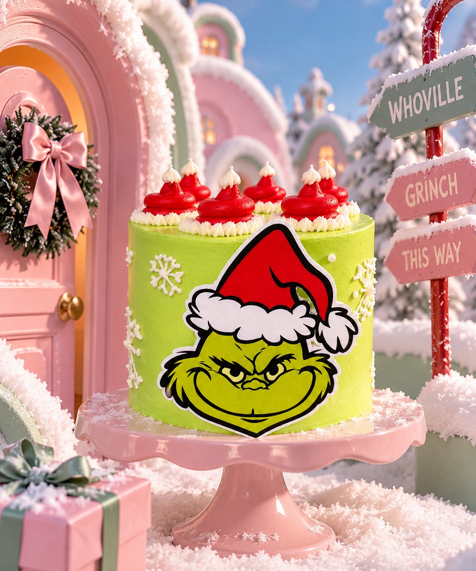 Pastel vainilla chispas de chocolate navideño, forrado de verde con el Grinch y gorros de Santa, relleno de ganache de chocolate.