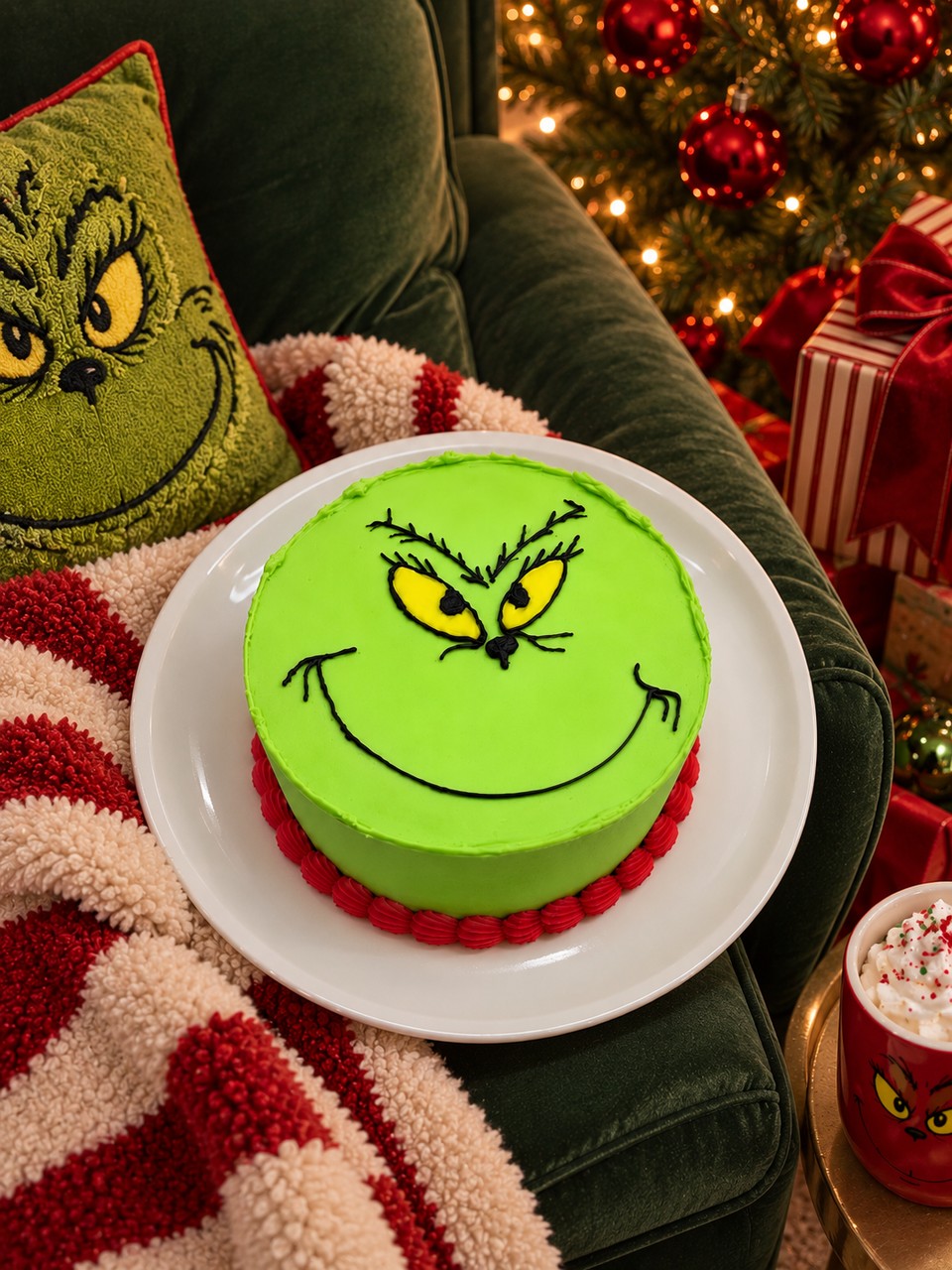 Pastel vainilla chispas de chocolate navideño, forrado de verde con carita del Grinch, relleno de ganache de chocolate.