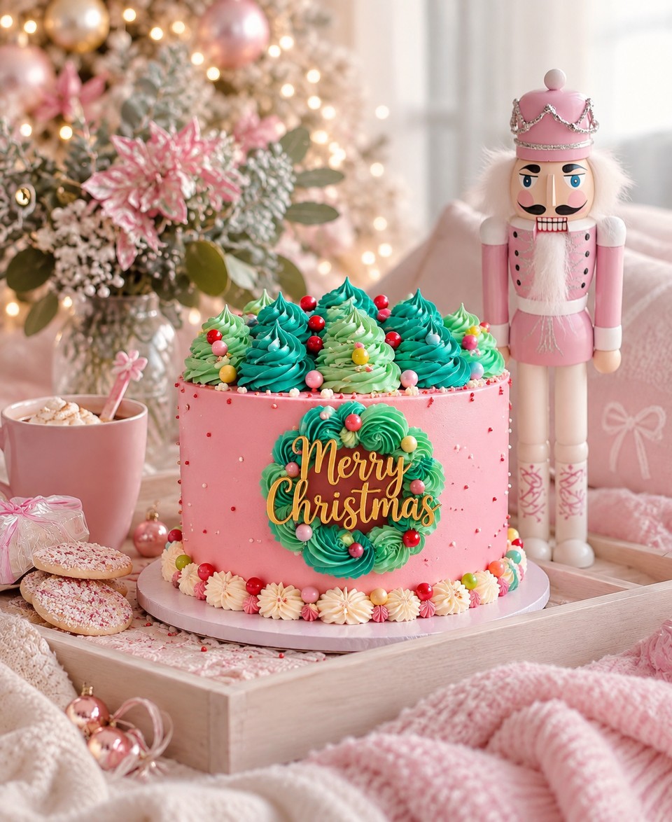 Pastel vainilla chispas de colores navideño, rosa con corona verde Merry Christmas, relleno de mermelada de frutos rojos.