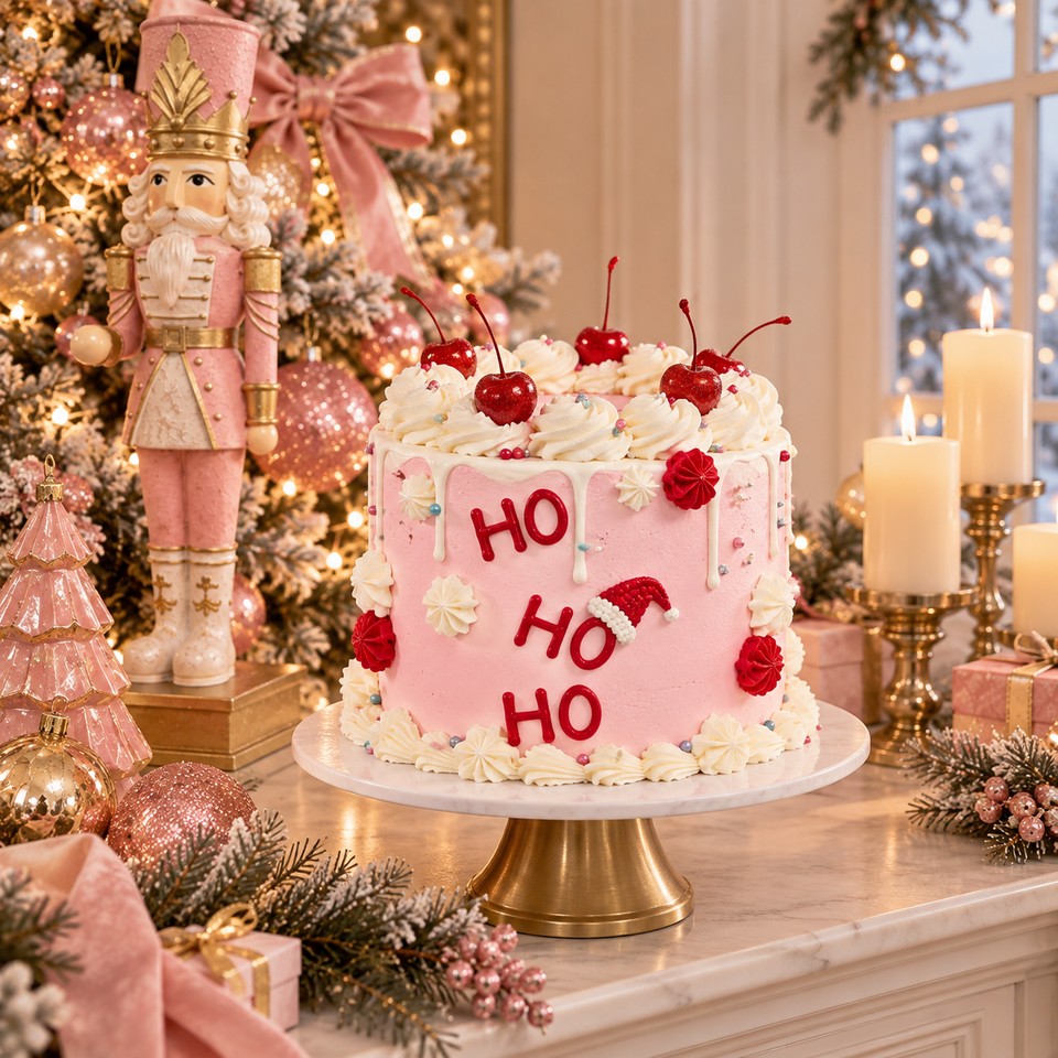 Pastel vainilla chispas de colores navideño, rosa con letras HO HO HO y cerezas, relleno de mermelada de frutos rojos.